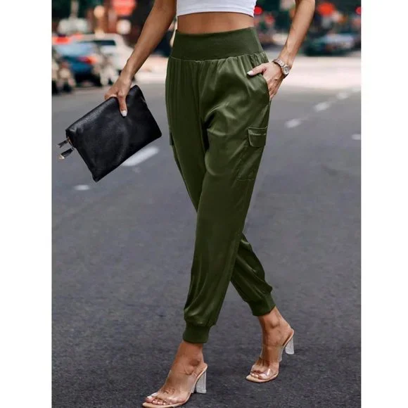 Luxe Look Satin Pocketed High Waist Joggers - Army Green - Picture 5 of 6